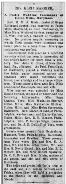 Shriver-Klein Wedding at Union Mills in 1899