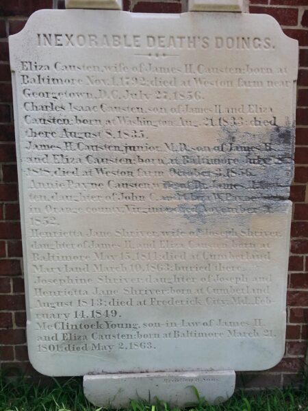 Inscription on a marble marker on the Causten Vault